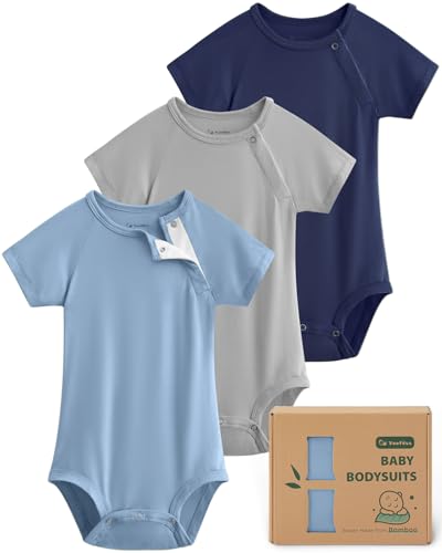 Yoofoss Baby Bodysuits Rayon Made From Bamboo Soft Baby Short Sleeve Baby Boys Girls Clothes Breathable Newborn Infant Romper 3 Pack 12-18 Months Blue&Gray&Green