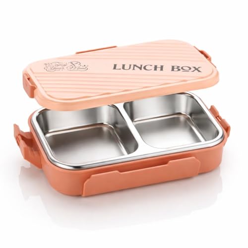 Image of Insulated Stainless Steel Lunch Box with Textured Lid | 3 Compartments | 525ml | BPA Free | Leakproof | Microwave Safe Without Lid | Bento Tiffin Box for Office School Travel (Peach Brown, 2)