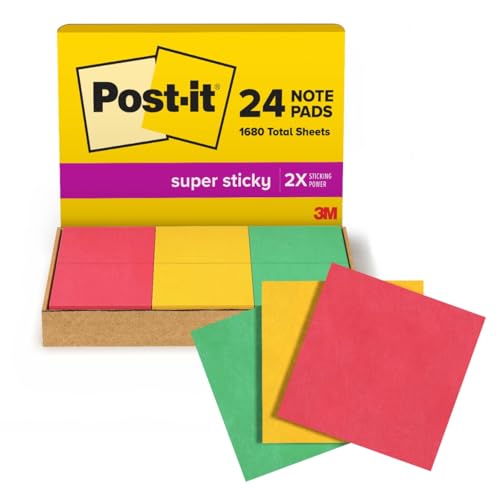 Post-it Notas súper adhesivas de 7,6 x 7,6 cm, 24 blocs por paquete, 70 hojas/bloc, kit de taller, rojo, amarillo, verde (654-24SSANSIOC)