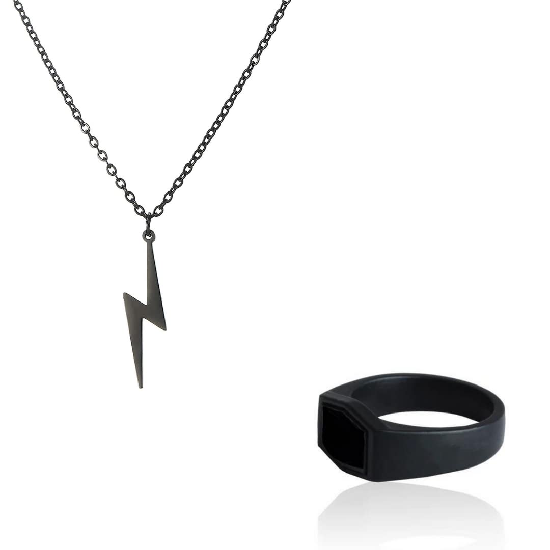 Black Matte Ring With Bolt Lightning Pendant For Boys And Men (Pack Of 2)-image-36