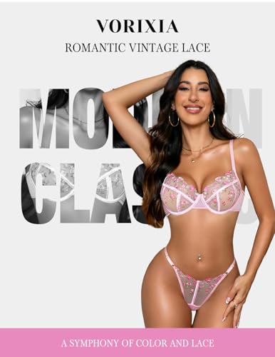 Image of Lingerie Sexy Bra and Panty Set for Women See Through Sheer Underwear Cute Exotic Floral Embroidery Babydoll Set