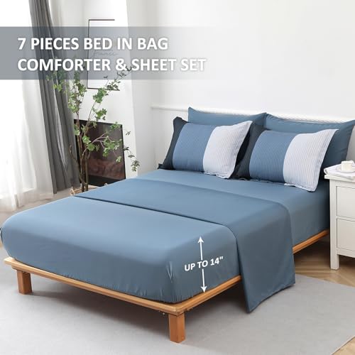 Juego de ropa de cama azul marino Queen de 7 piezas para evitar arrugas 5