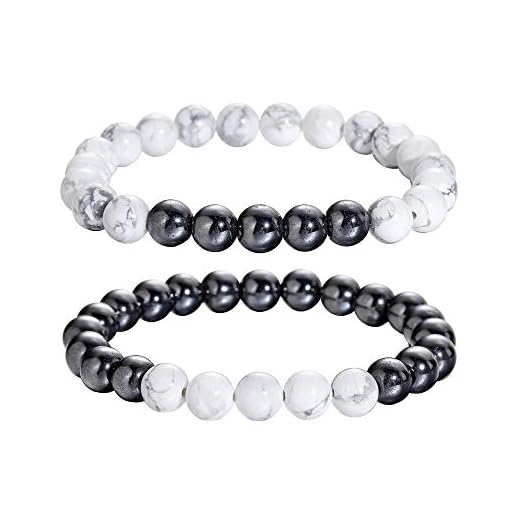 Lovastar 2PCS Couple Magnetic Hematite 8MM Bracelets Natural Stone Healing Energy Yoga Prayer Relieving Stress Arthritis Headache for Men and Women Elastic Jewelry