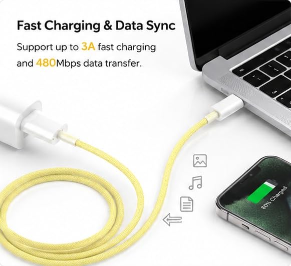 Image of Braided USB-C to Compatible with Lightning cable, Fast Charging & Data Sync Cable, Apple Compatible Type C to Lightning Charging Cable, PD Fast Charge for iPhone 16 /15 /14 /13 /12 /11, Yellow (1M)