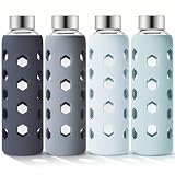 Mrsdry Glass Juice Bottles with Lids and Silicone Sleeves 18 oz, 4-Pack Reusable Clear Glass Water Bottles with Stainless Steel Airtight Cap for Juicing, Refrigerator, BPA Free Leak-Proof Drinking Jar