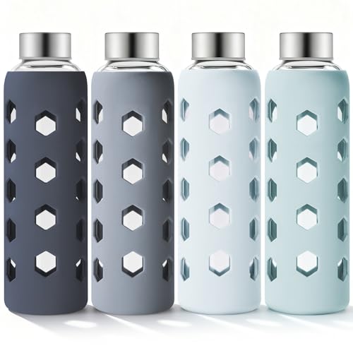 With Lids And Silicone Sleeves 18 Oz, 4-pack Reusable Clear Glass Water Bottles With Stainless Steel Airtight Cap For Juicing, Refrigerator, Bpa Free Leak-proof Drinking Jar