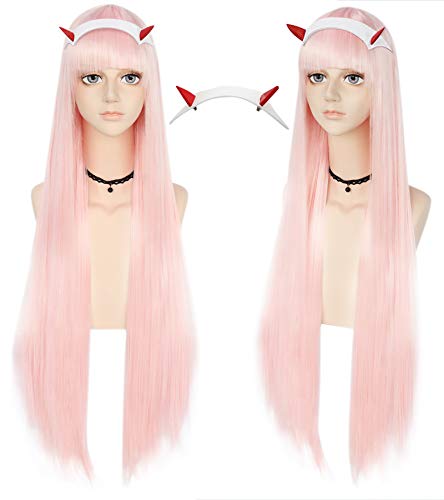 Anogol Hair Cap + Pink Long Straight Silky Women Cosplay Costume Wigs for Anime Cosplay Girl Synthetic Hair Wig