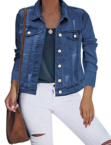 luvamia Women's Casual Basic Button Down Denim Jean Jacket Boyfriend Trucker Jacket Blue Size Small