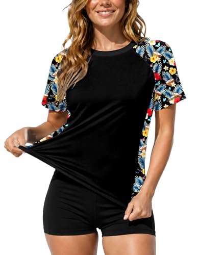 Image of AOBUTE Women Short Sleeve Rash Guard UPF 50+ Tropical Sun Protection Floral Swim Shirts