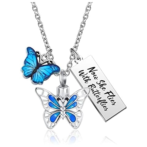 LuxglitterLin Now She Flies with Butterfly Urn Necklace for Ashes Insect Cremation Jewelry Memorial Keepsake Pendant for Human Pet, UR-15_Butterfly Cover