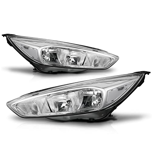 M-AUTO Left& Right Headlights Assembly Factory Style Compatible with Halogen Model 2015 2016 2017 Ford Focus 4 Door, Chrome Housing Clear Corner Headlamps w/ Singal Lights