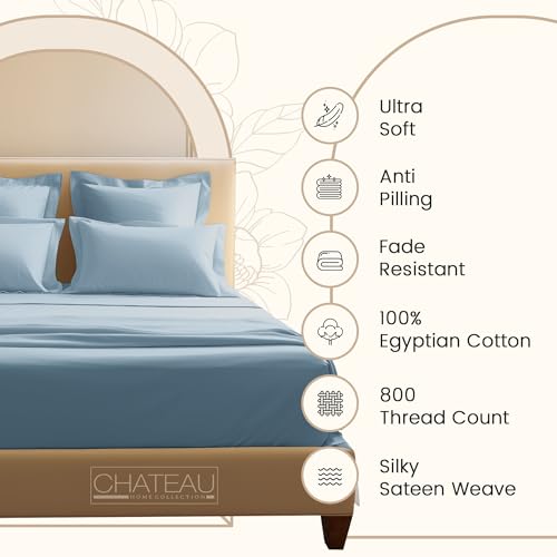100% Egyptian Cotton Sheets Queen Size Set, 800 TC Deep Pocket Queen Sheets Set, Soft Breathable Sateen Weave 4 PC Elasticated Sheet & Pillowcase Sets, No Pill & Shrink, Fade Resistant- French Blue