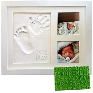 Baby Handprint & Footprint Keepsake Photo Frame Kit – Personalize it w/ Bonus Stencil! Non-Toxic Clay, Wall/Table Wood…