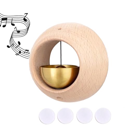 Image of HASTHIP Door Bell with Adhesive Backing, Beech Wooden Brass Round Bell, Decorative Doorbell for Home, Office Ornament and Hanging Decoration for Business Entrance