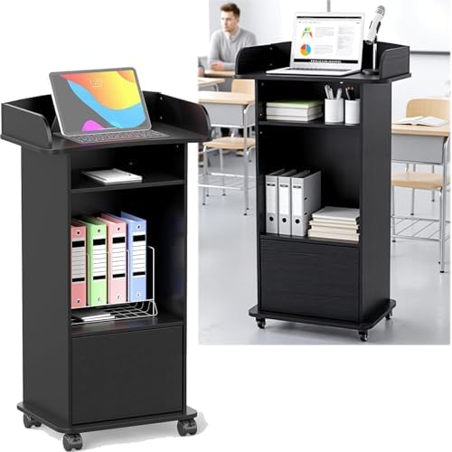 tonchean Podium Stand Desk with Wheel, 1Pack Lectern, Moderator's Podium Moveable Podium Stand Reception Desk with Drawer Church Podiums for Office Classroom, Restaurants Reception