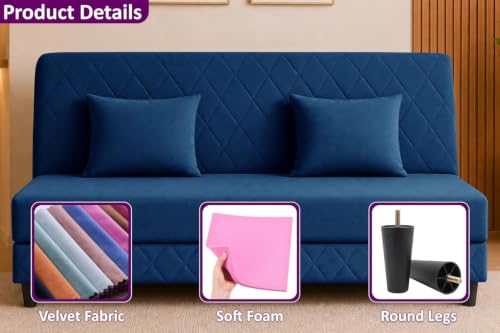 Image of Deco Studio 3 Seater Sofa Bed | Premium Upholstered Velvet Fabric Folding Couch for Living Room, Guest Room & Bedroom | Quilted Backrest with 2 Cushions (Blue)