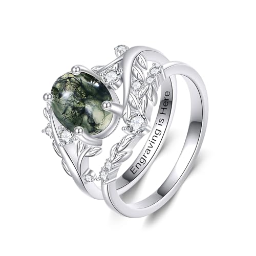 YFN Personalized Natural Moss Agate/Turquoise Ring Set for Women 925 Sterling Silver Customized Engagement Wedding Promise Ring Jewelry Gift for Anniversary Birthday Valentine's Day Christmas