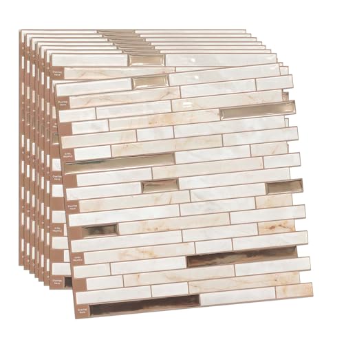 10-Sheet Peel and Stick Backsplash Tile Sticker Vinyl Wall Covering for Kitchen, Bathroom, Counter Top (12"x12", Stone Beige with Metal Copper)