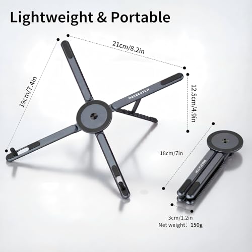 Image of Adjustable Laptop Stand for Desk, MagSafe Compatible Portable Foldable Computer Riser for MacBook, iPhone, iPad, Tablet - Lightweight Aluminum, N52 Magnetic Grip, Perfect for Office, Home, Traveling | MagSafe Compatible Foldable Design, 8-Level Height & Angle, Aluminum Alloy, Suitable for 10-16 inch Laptops (Gray)