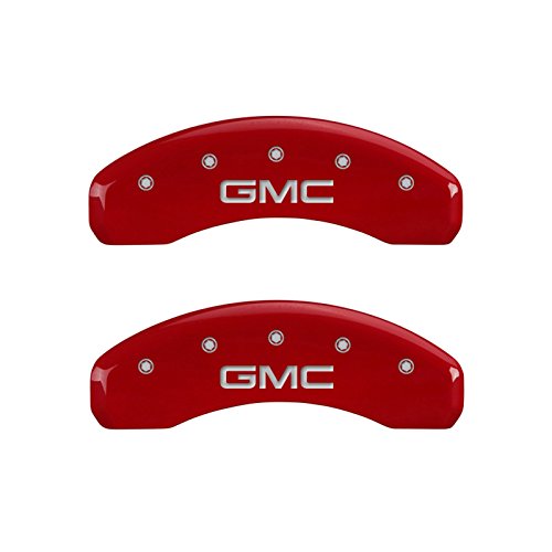 Image of MGP Caliper Covers 34014SGMCRD 'GMC' Engraved Caliper Cover with Red Powder Coat Finish and Silver Characters, (Set of 4)