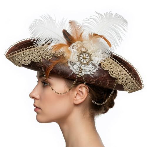 gagift world Pirate Hat for Women Brown Tricorn Hat with Lace Trim for Adults Pirate Costume Vintage Colonial Hats Cosplay Accessories for Halloween Renaissance Themed Cruises and Festive Parties