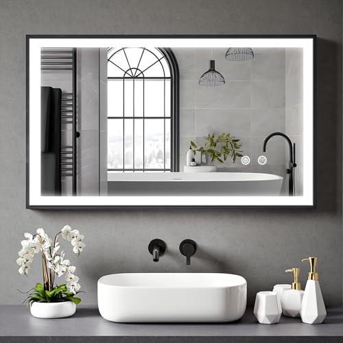 BELOFAY 1000x600mm Black Framed LED Bathroom Mirror, Illuminated Bathroom Toughened, Mirror with LED Lights, Dimmable, Anti-fog, Shatter-Proof, Tempered Wall Mirrors, with Demister Pad Lucian