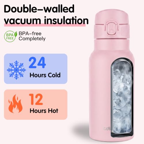 Image of GOPPUS 17oz Insulated Water Bottle with Leak-Proof Flip Lid & Carry Handle,Double-Wall Stainless Steel Bottle for School,Outdoor,and the Gym（Pink）