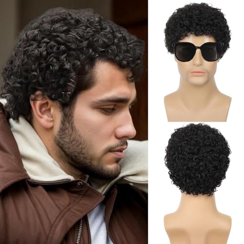 Baruisi Mens Black Curly Wig Short Synthetic Halloween Cosplay Costume