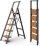 WOA WOA Step Élève, 5-Step Échelle pliante avec larges pédales, Écheau en aluminium avec pieds antidérapants, Étchelle légère pour les grands placards et l'utilisation intérieure, espace-sauvetage, 330lbs - Grain noir et bois