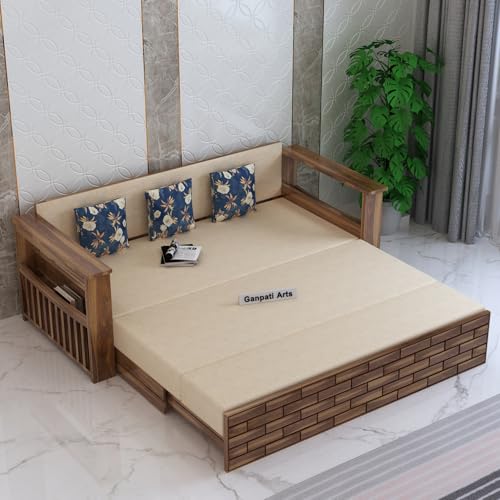 Image of Ganpati Arts Italian Solid Sheesham Wood 3 Seater Sofa Cum Bed with Side Pockets for Storage and Fabric at Back Wooden Sofa Furniture for Living Room Home (Teak Finish)