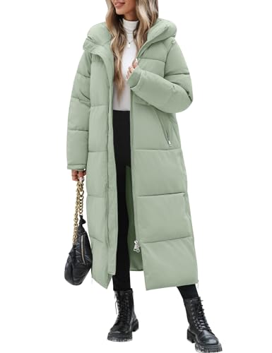 Jyanl Women Long Winter Puffer Coat Quilted Jacket Winter Warm Hooded Maxi Length Parka Padded Down Zip Thick Outerwear with Side Zipper Slits