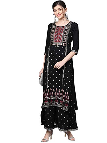 Image of ishin Women's Rayon Black Embellished A-Line Kurta Palazzo Set