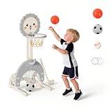 hoopyosms Canestro Basket 4-in-1 per Bambini, Altezza Regolabile con Porta Calcio e Lancio Anelli, Mini Canestro Interno ed Esterno, Gioco Sportivo Multifunzione per Bambini(Grigio)