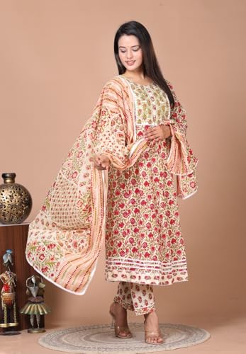 Image of Queens World Women's Anarkali Pure Cotton Floral Printed Kurta Pant Set With Dupatta (M To 2XL- Size)