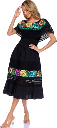 Image of YZXDORWJ Women Embroidered Mexican Peasant Casual Sexy Lace Off-Shoulder Long Dress