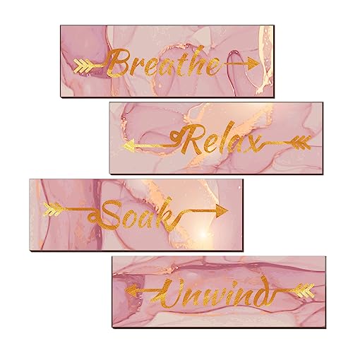 Lnond 4 Pieces Pink Gold Marble Bathroom Wall Decor Relax Soak Unwind Breathe Signs Decor Wood Hanging Wall Art for Bathroom Spa Room (12 x 4 Inch