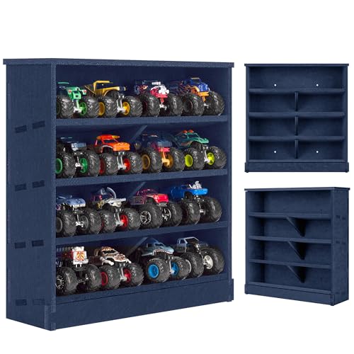 Felt Monster Trucks Display Case, Wall-Mounted Display Case Fit for Monster Trucks, 16 Slots Monster Trucks Storage Case, Groove Fixation Toy Truck Container Holder (Blue- New Version)