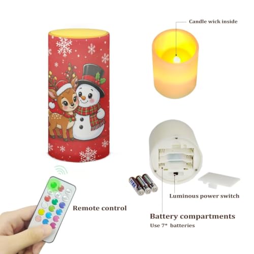 Image of Poceacles Flameless Candle with Remote Control 12 Colors 4 /8 Hours Timer LED Night Lights Pillar Candle Tealights Home Indoor Christmas Decor, Cute Snowman Reindeer Red