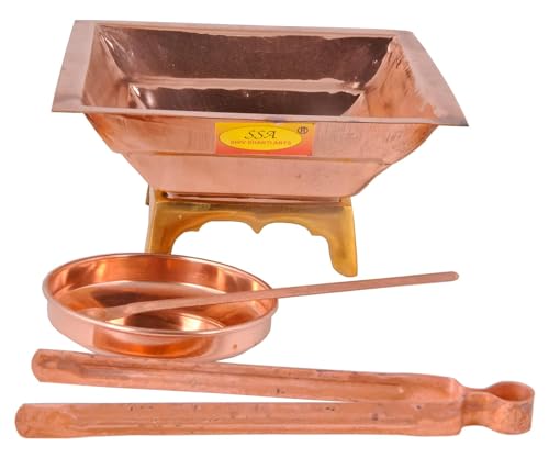 Image of Shiv Shakti Arts Pure Copper Hawan Kund Agnihotra Set with Both Side Handle and Stand (5 Pc Set, 13.8 x 13.8 cm)