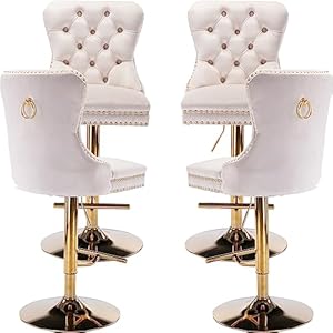 Beige Velvet Swivel Bar Stools Set of 4 with Upholstered Back, Adjustable Counter Height Barstools, Bar Chairs for Home Bar Kitchen Island Pub Restaurant (Velvet, 4 Pcs, Beige)