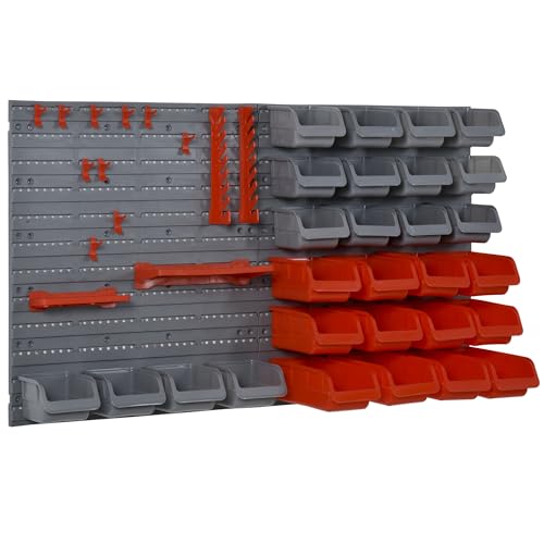 DURHAND Organizador de Herramientas de Pared de 44 Piezas 95x54 cm Estantería de Pared para Herramientas con 28 Cajas Apilables y Diferentes Ganchos Gris y Rojo
