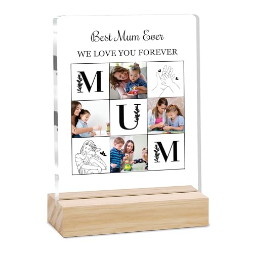 Image of Giftplease Customized Photo And Text Frame With Wooden Stand | Personalised Printed Photo Frame | Gift For Mom | Birthday | Mother's Day | Anniversary (Transparent, 5MM, 6 * 8 Inches), Tabletop