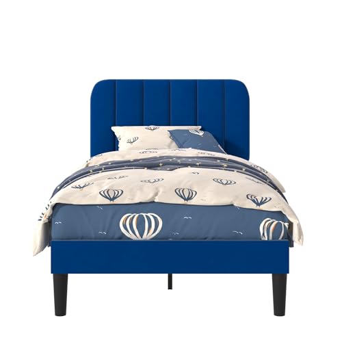Image of VECELO Twin Size Bed Frame with Upholstered Headboard, Velvet Platform Bedframe Mattress Foundation, Strong Wood Slat Support, No Box Spring Needed,Blue