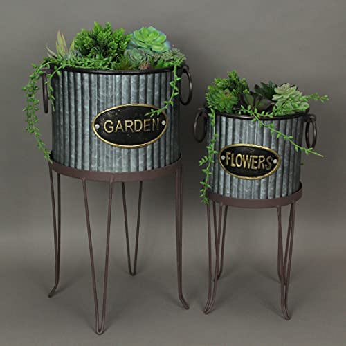 Zeckos Set Of 2 Rustic Corrugated Galvanized Grey Metal Round Indoor/Outdoor Garden Planters With Stands Plant Pots Western Décor 19.25, 16 Inches High #TOP5