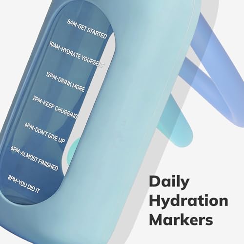 Image of Aqulea 64oz oz Glass Water Bottle with 2 Lids - Spout & Straw Lids, Borosilicate Glass Water Bottle with Time Marker & Silicone Sleeve, Leakproof