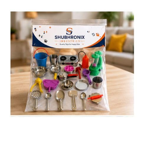 Image of Shubhronix Kids Kitchen Pretend Play Set, Stainless Steel Utensils with Gas Stove and Mixer, for Ages 3+