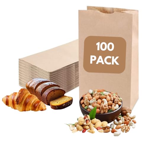 Excellent 100 Pack Brown Paper Bags - 10 Lbs Capacity Medium Kraft Paper Lunch Bags - 6.1x3.75x12.6 inches Bulk Paper Grocery Bags for Storage Food, Bread, Snacks, Cookies, Great for Small Businesses