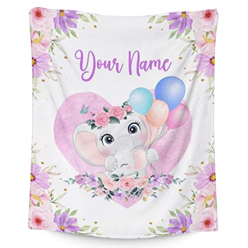 Personalized Elephant Blanket Gifts with Name - 60"x80" Cute Throw for Women Girls - Purple Soft Fuzzy Blankets for Bed, Couch & Living Room
