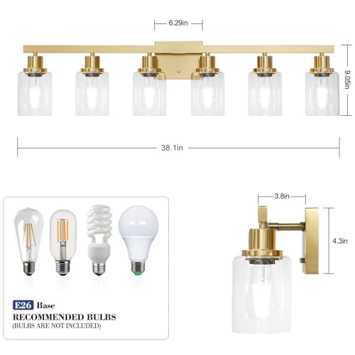 Image of 6 Light Gold Bathroom Vanity Light,Bathroom Light Fixtures, 38 inch Modern Brushed Gold Vanity Lighting Fixtures for Bathroom Over Mirror, Gold Sconces Wall Lighting for Bedroom