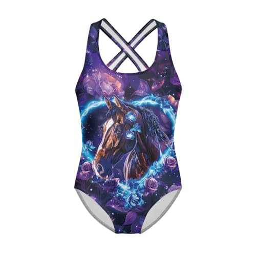 Girls Horse Swimsuit One Piece Swimwear with Cross Back Straps Summer Quick Dry Beach Bathing Suit